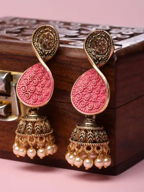 Karatcart Antique Gold Plated Pink Meena Dangler Earrings for Women