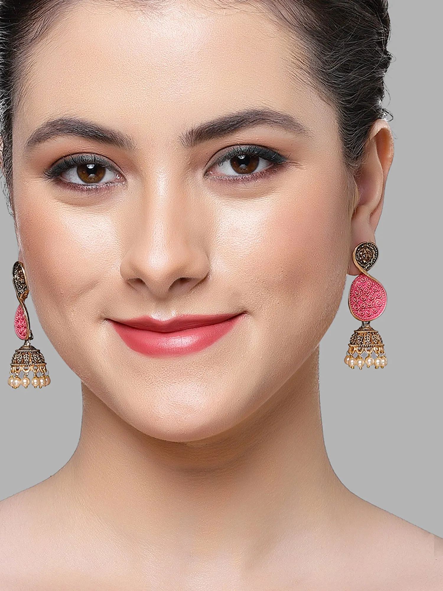 Karatcart Antique Gold Plated Pink Meena Dangler Earrings for Women