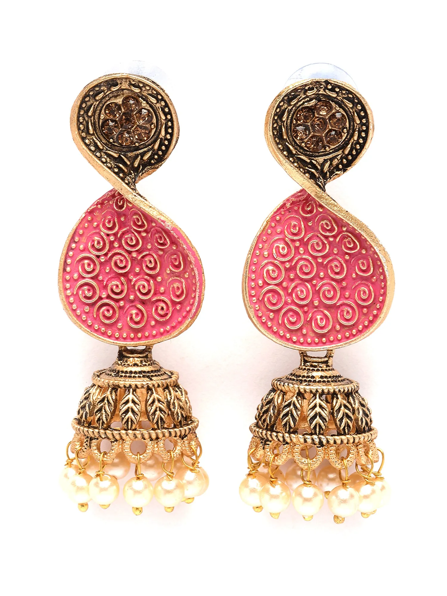 Karatcart Antique Gold Plated Pink Meena Dangler Earrings for Women