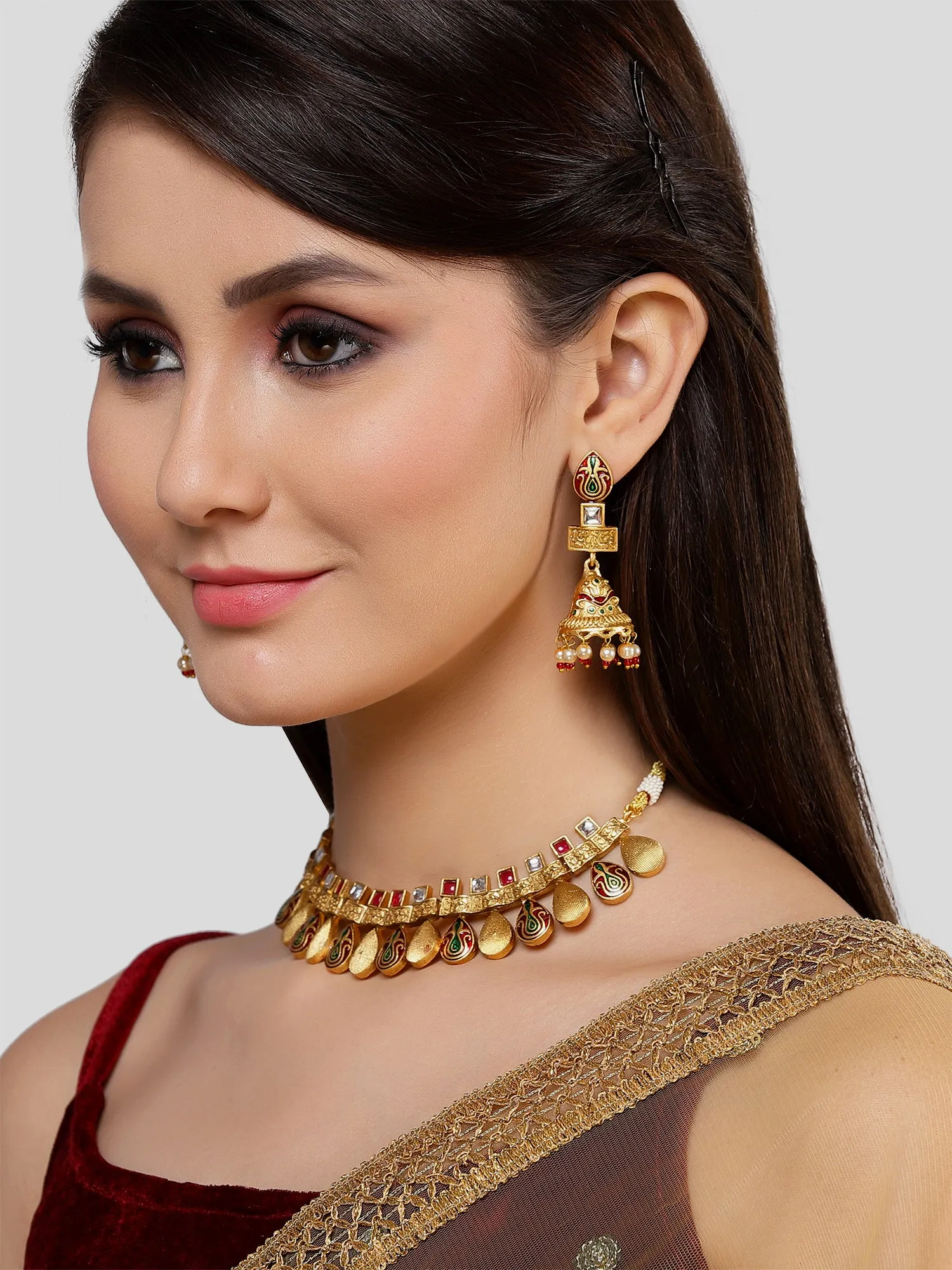 Karatcart Antique Gold Plated Red Meena Necklace with Jhumki Earrings for Women