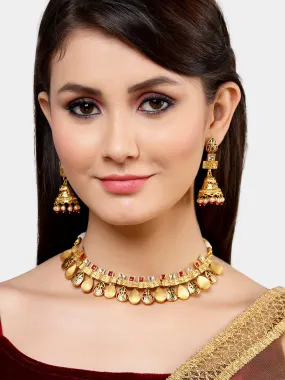 Karatcart Antique Gold Plated Red Meena Necklace with Jhumki Earrings for Women