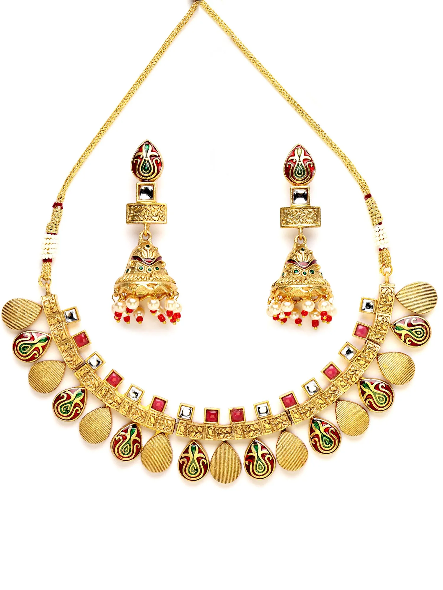 Karatcart Antique Gold Plated Red Meena Necklace with Jhumki Earrings for Women