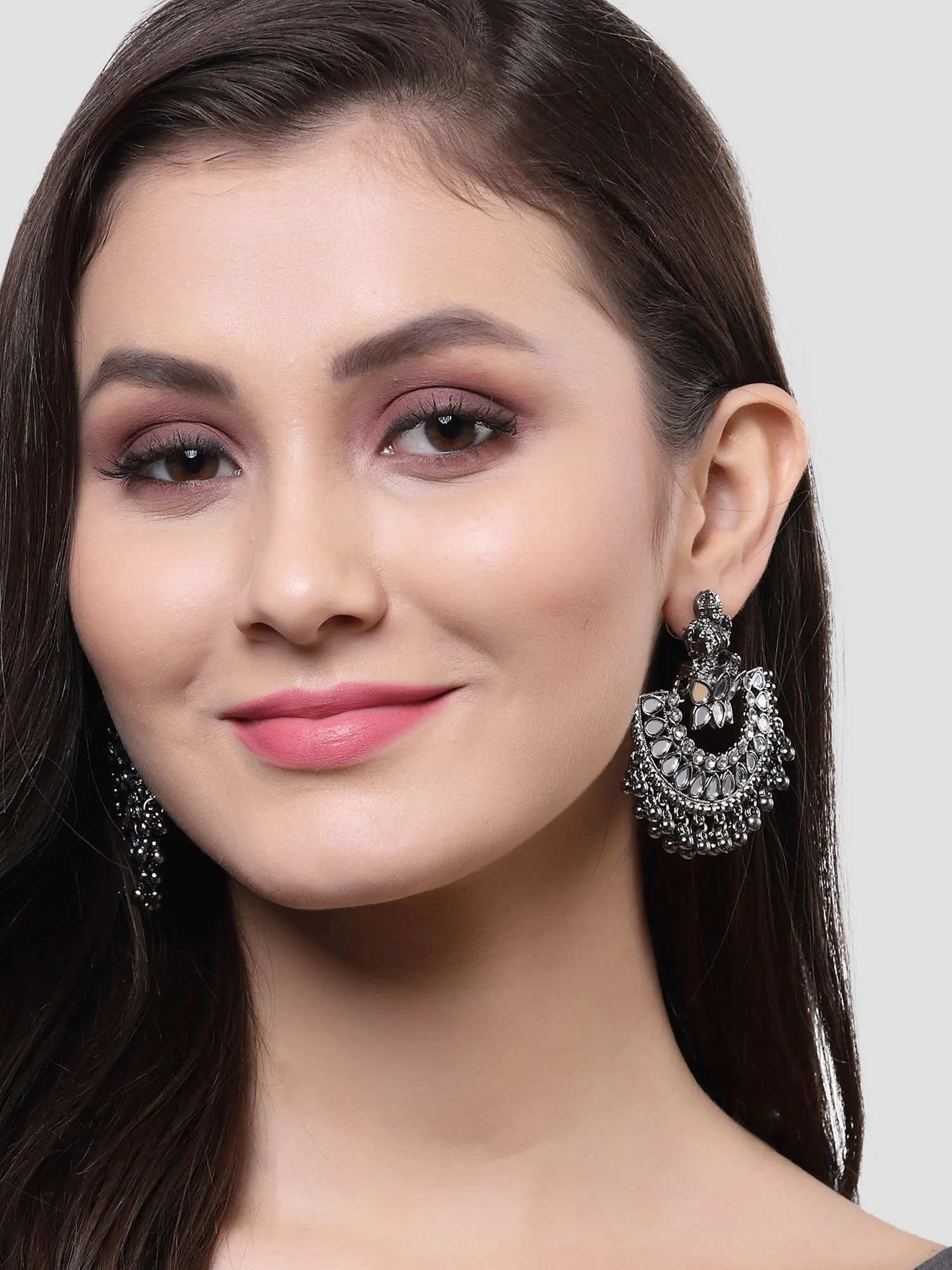 Karatcart Black Silver Plated Mata Laxmi Design Chandbali Earrings for Women