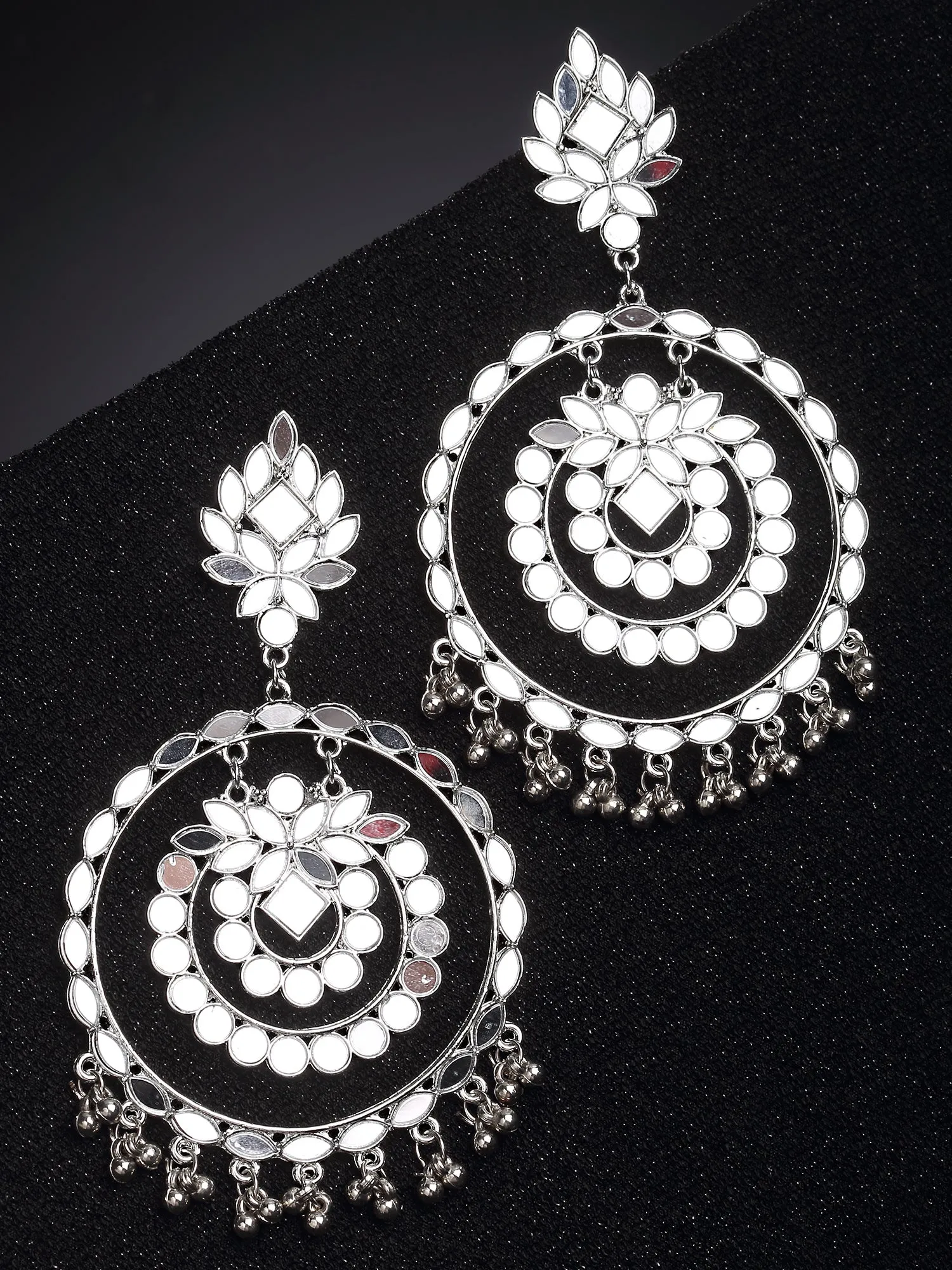 Karatcart Black Silver Plated Mirror Studded Round Shape Dangler Earrings for Women