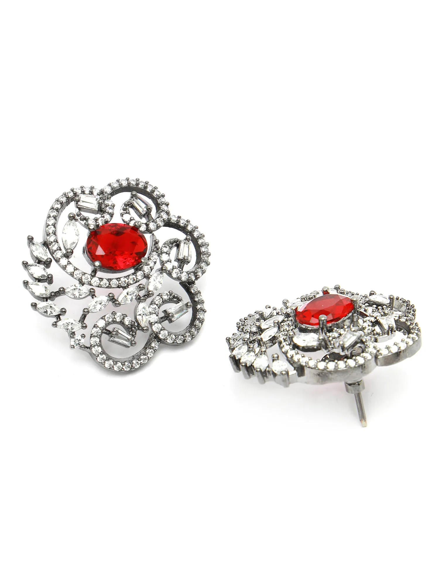 Karatcart Black Silver Plated Red Oval Cubic Zirconia Floral Design Stud Earrings for Women