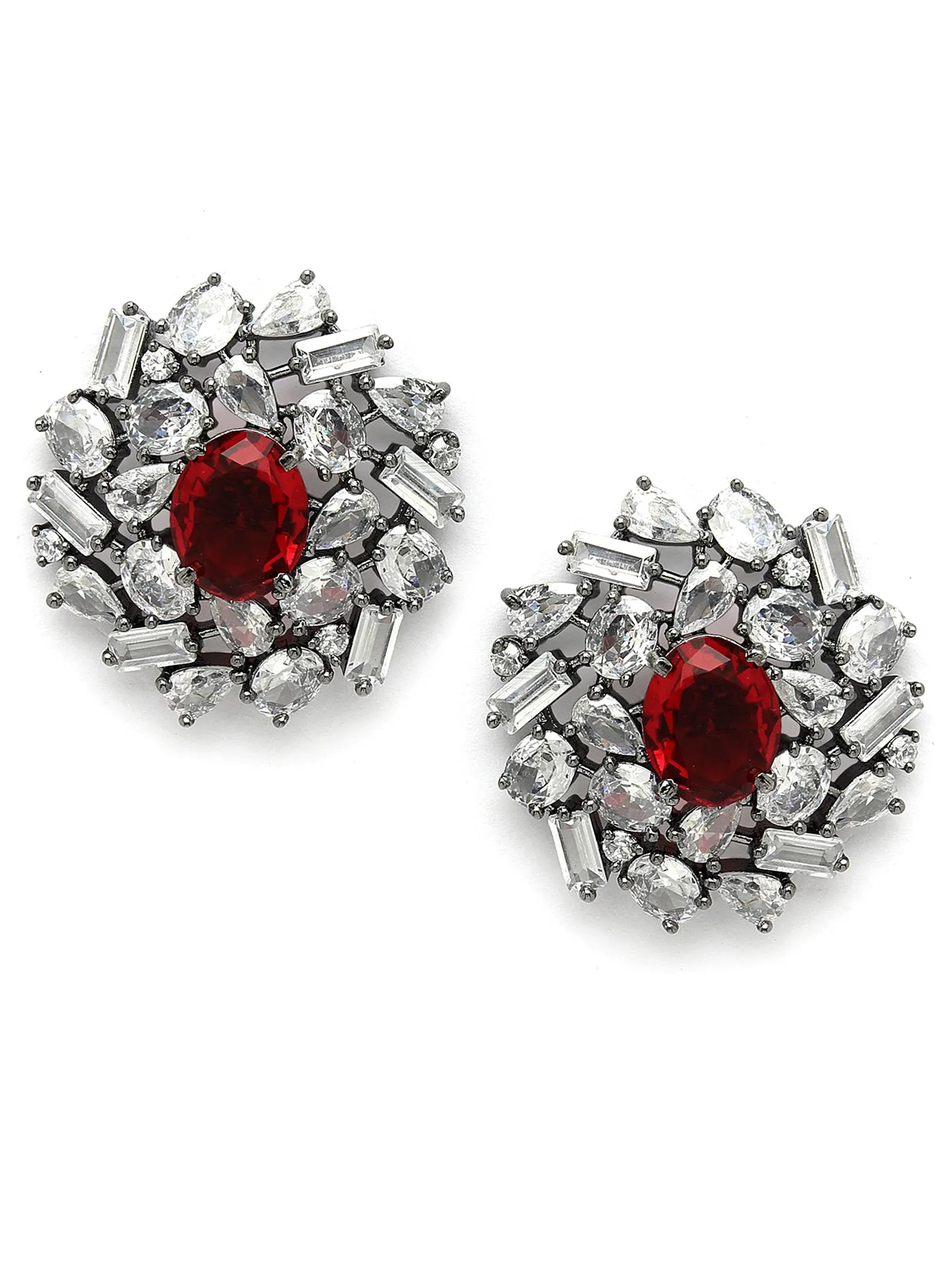 Karatcart Black Silver Plated Red Oval Cubic Zirconia Floral Stud Earrings for Women