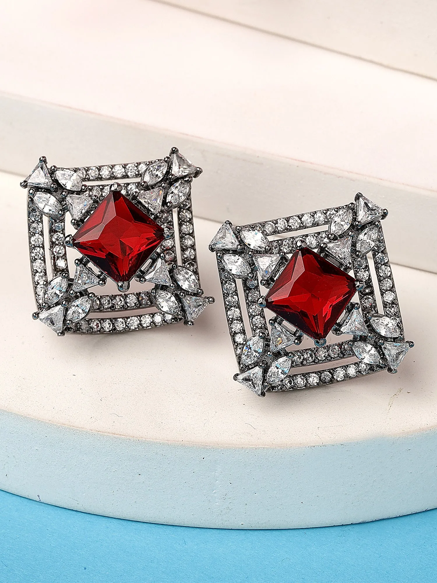 Karatcart Black Silver Plated Red Stones AD Stud Earrings for Women