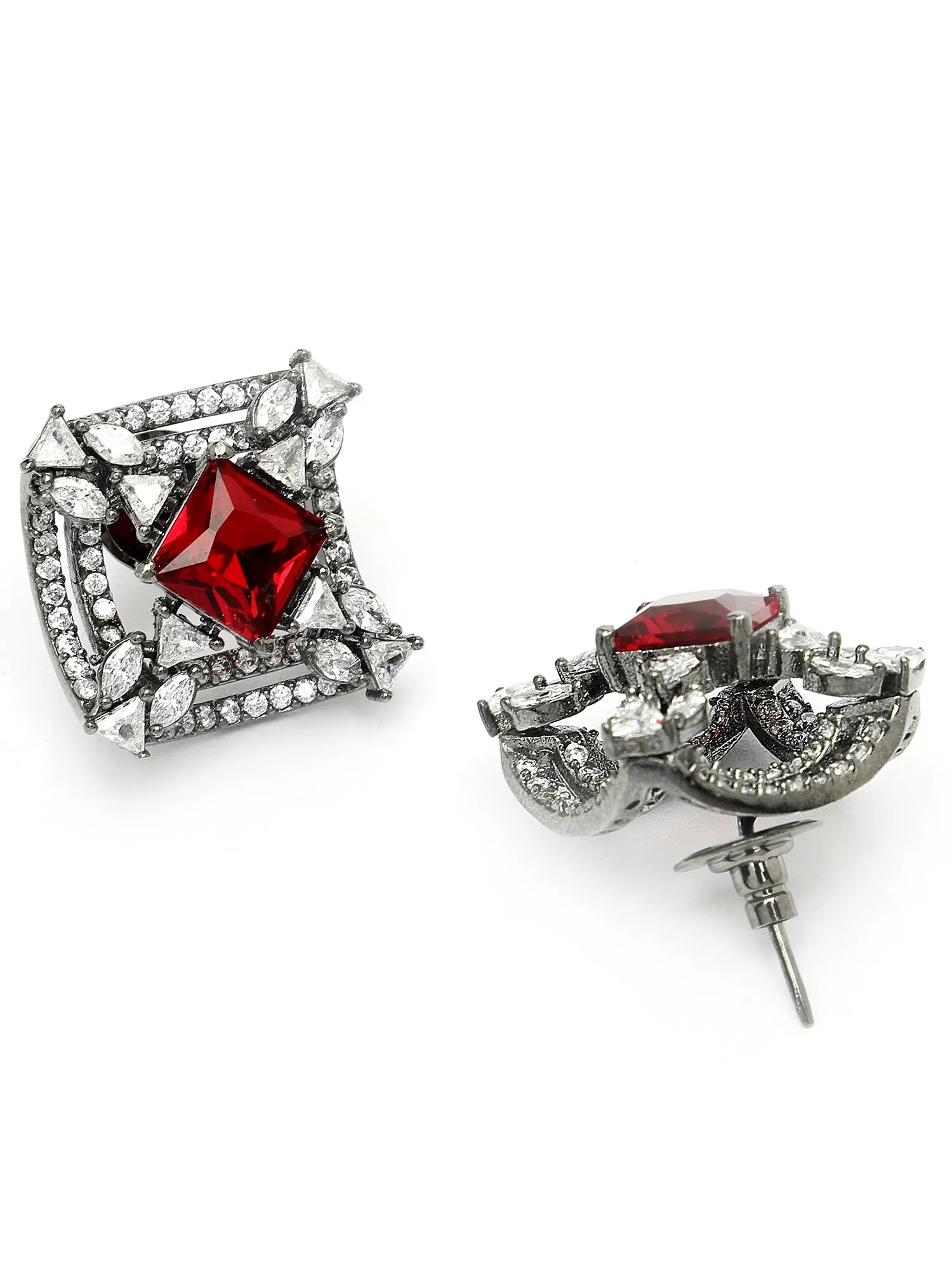 Karatcart Black Silver Plated Red Stones AD Stud Earrings for Women