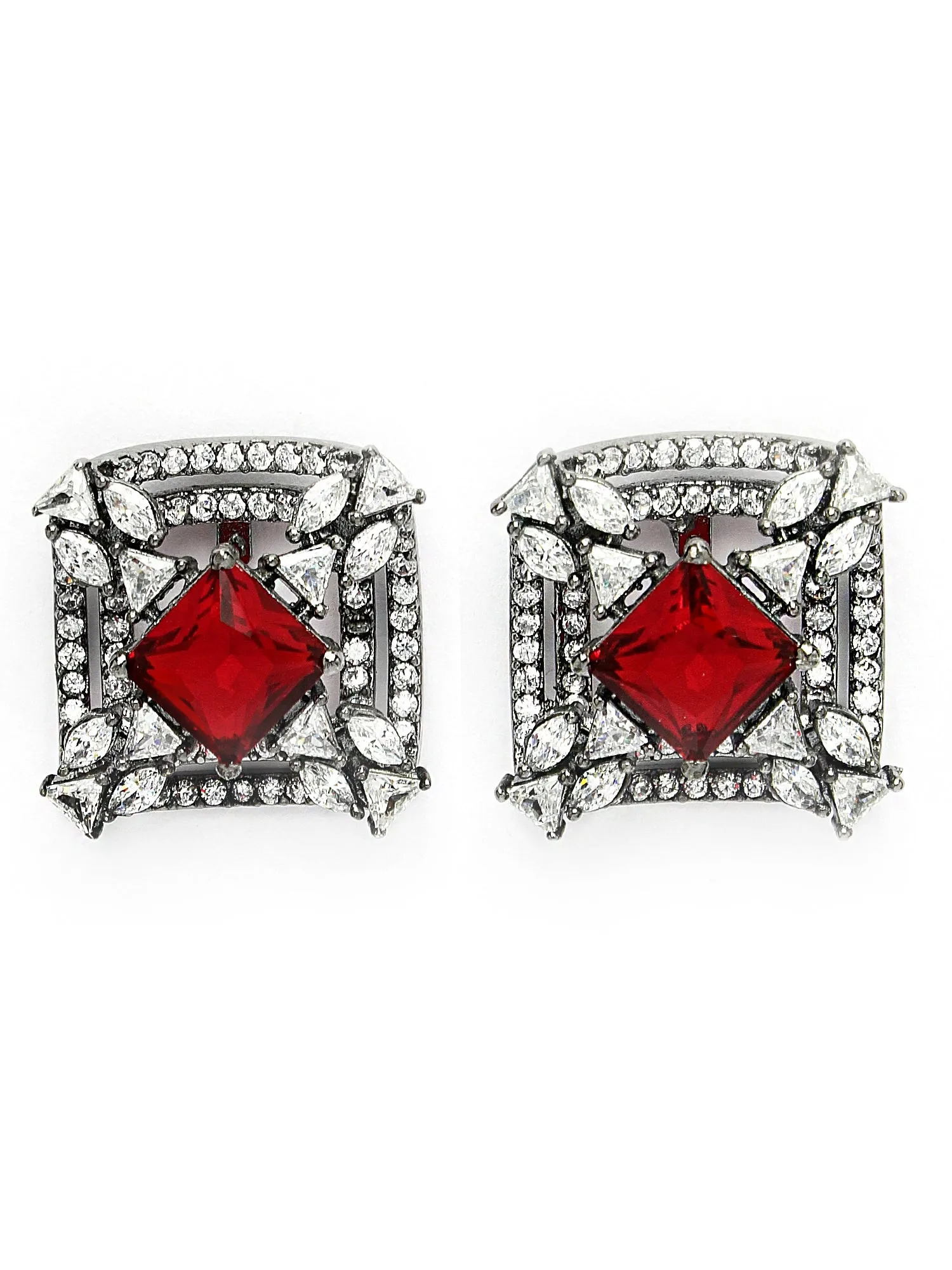 Karatcart Black Silver Plated Red Stones AD Stud Earrings for Women