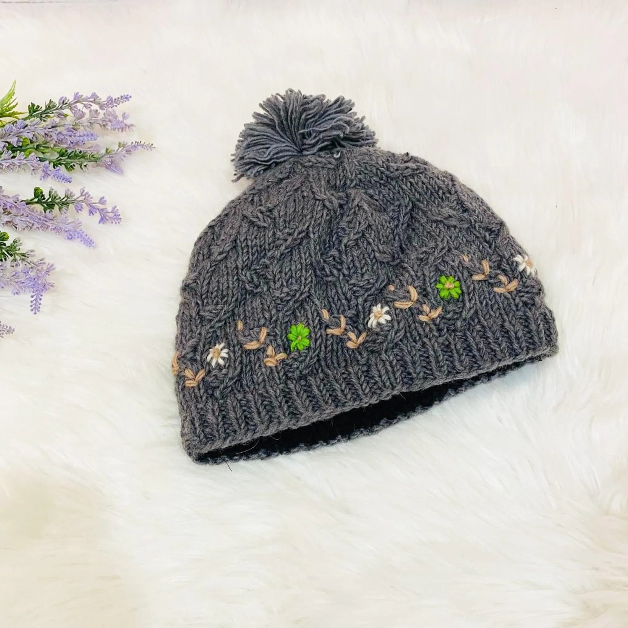 Knitted Winter Hand Embroidery Bobble Hat