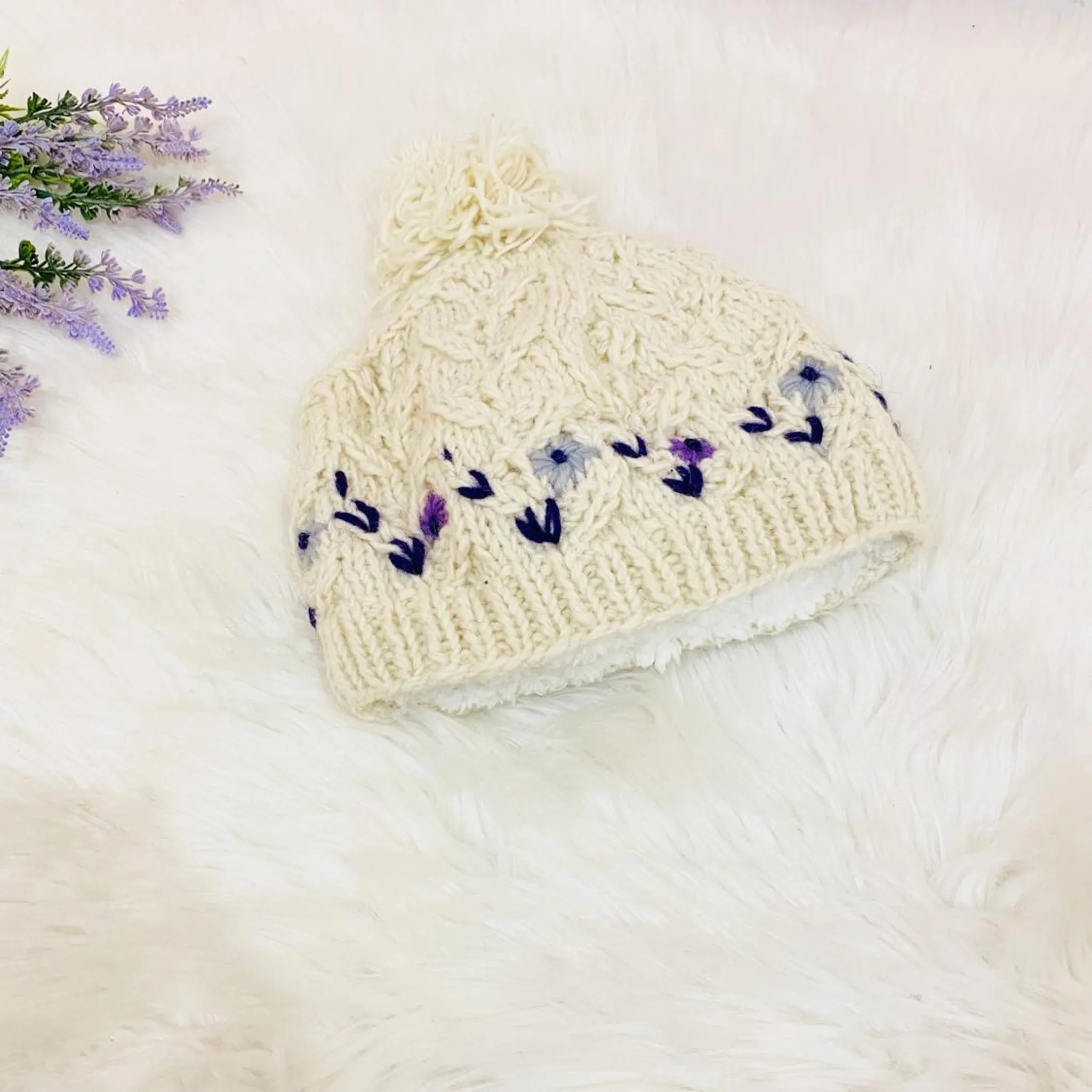 Knitted Winter Hand Embroidery Bobble Hat