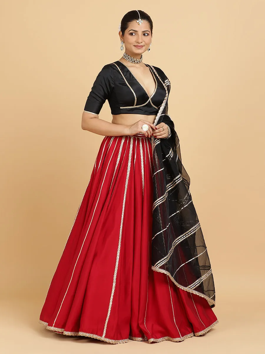 Madhuri Zeenat 3-Piece Lehenga Set | Red Lehenga, Charcoal Black Blouse | With Chandni Black Dupatta