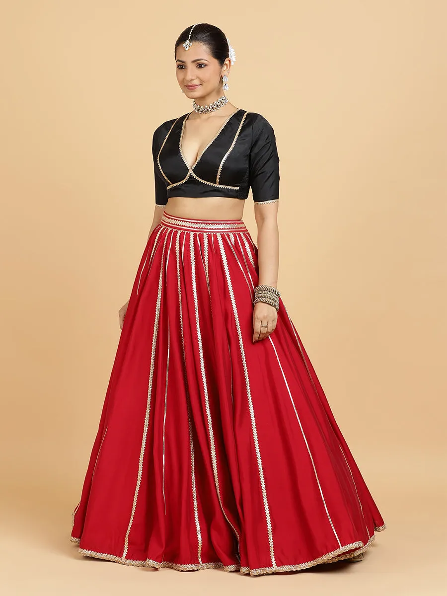 Madhuri Zeenat 3-Piece Lehenga Set | Red Lehenga, Charcoal Black Blouse | With Chandni Black Dupatta