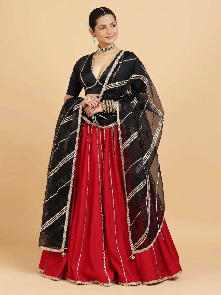 Madhuri Zeenat 3-Piece Lehenga Set | Red Lehenga, Charcoal Black Blouse | With Chandni Black Dupatta