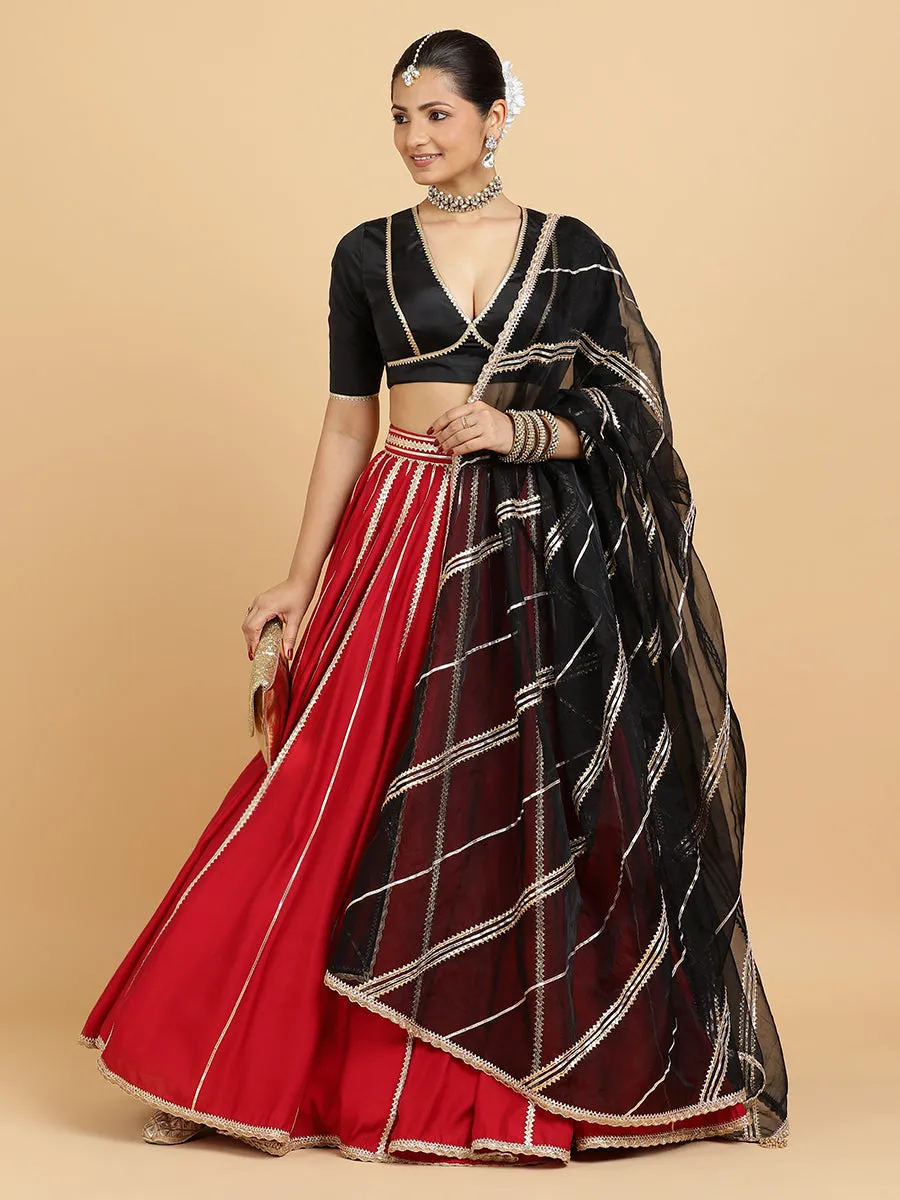 Madhuri Zeenat 3-Piece Lehenga Set | Red Lehenga, Charcoal Black Blouse | With Chandni Black Dupatta