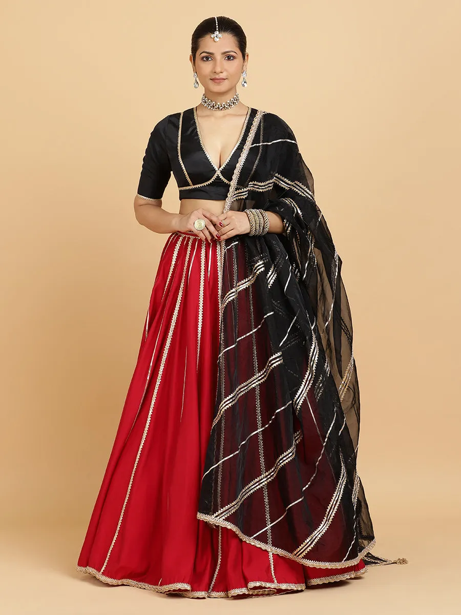 Madhuri Zeenat 3-Piece Lehenga Set | Red Lehenga, Charcoal Black Blouse | With Chandni Black Dupatta