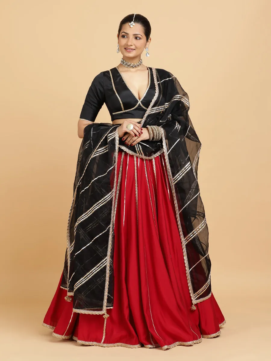 Madhuri Zeenat 3-Piece Lehenga Set | Red Lehenga, Charcoal Black Blouse | With Chandni Black Dupatta