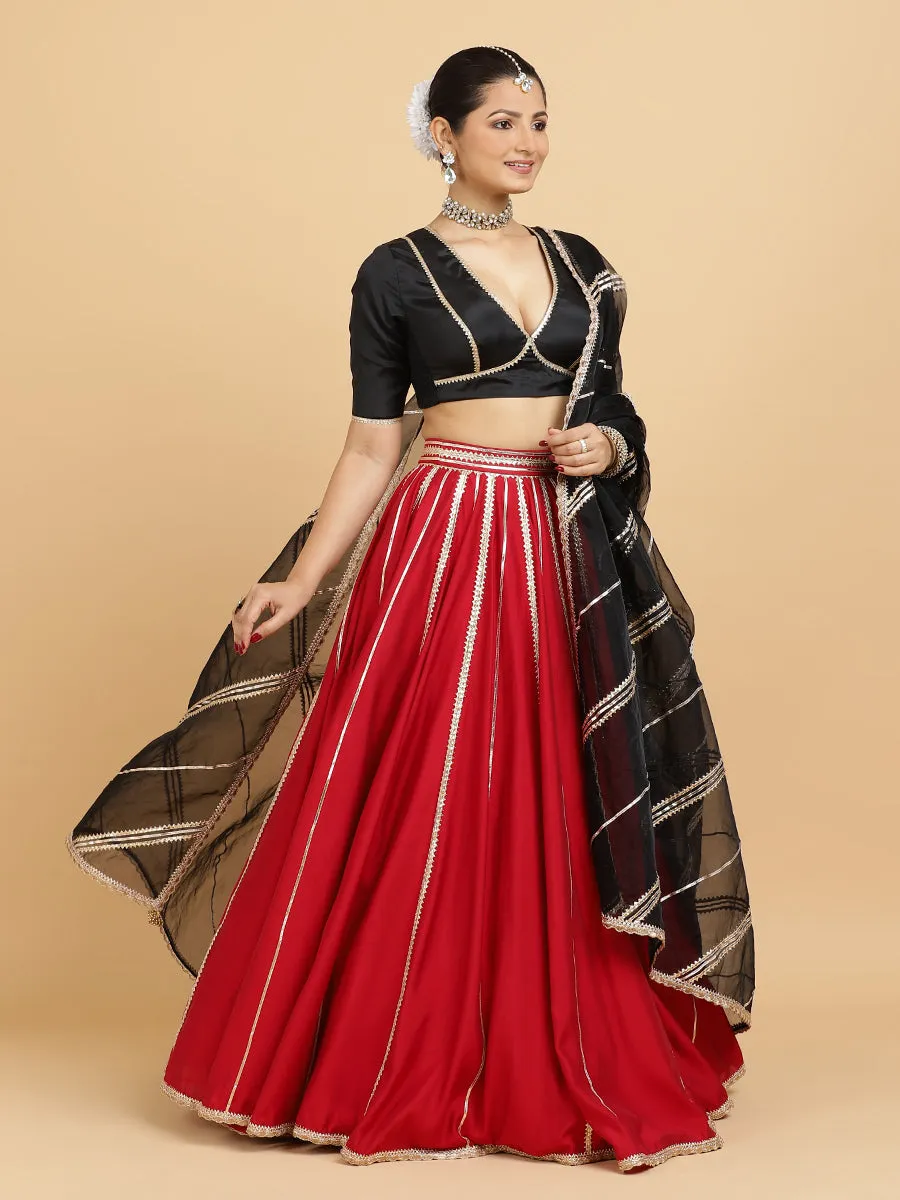 Madhuri Zeenat 3-Piece Lehenga Set | Red Lehenga, Charcoal Black Blouse | With Chandni Black Dupatta