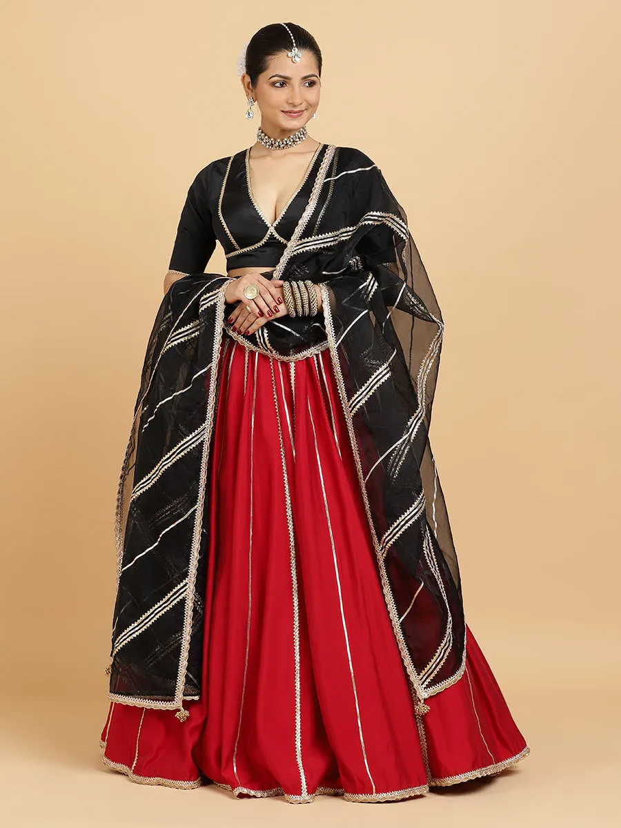 Madhuri Zeenat 3-Piece Lehenga Set | Red Lehenga, Charcoal Black Blouse | With Chandni Black Dupatta