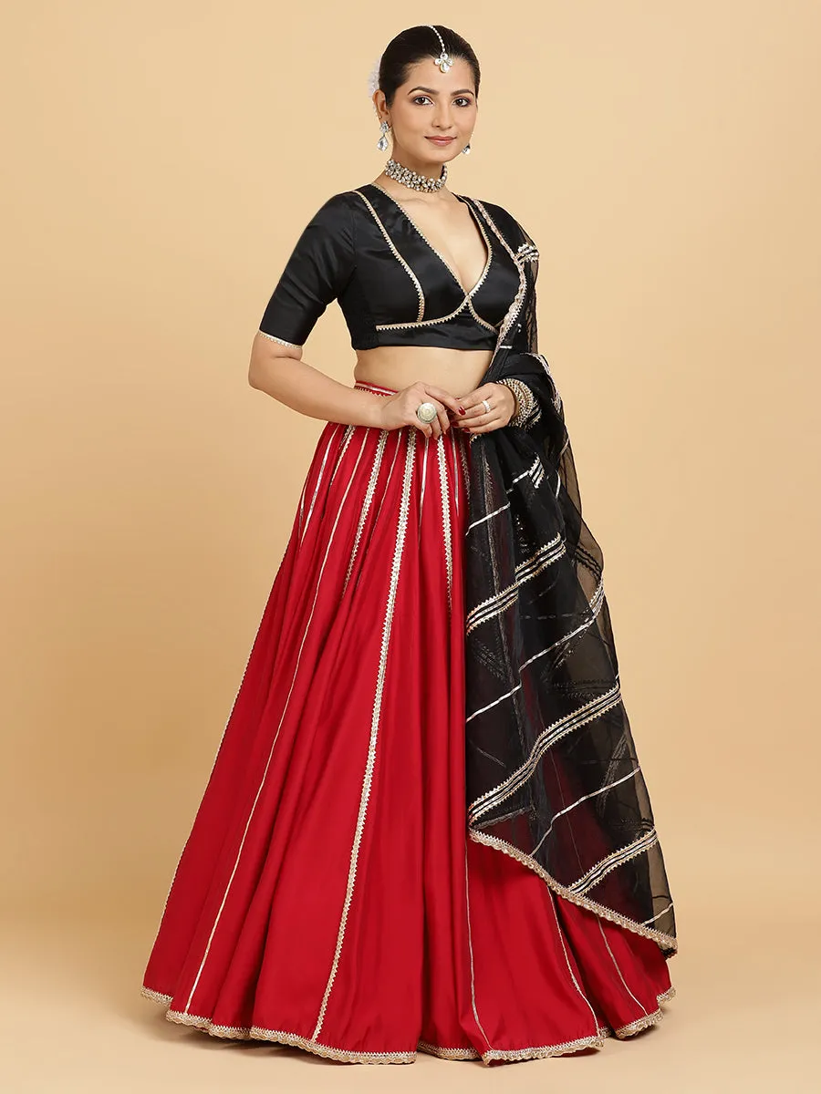 Madhuri Zeenat 3-Piece Lehenga Set | Red Lehenga, Charcoal Black Blouse | With Chandni Black Dupatta