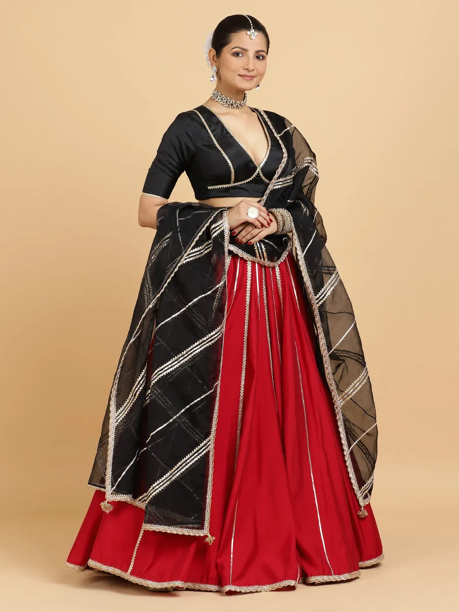 Madhuri Zeenat 3-Piece Lehenga Set | Red Lehenga, Charcoal Black Blouse | With Chandni Black Dupatta