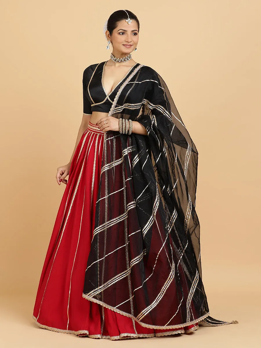 Madhuri Zeenat 3-Piece Lehenga Set | Red Lehenga, Charcoal Black Blouse | With Chandni Black Dupatta