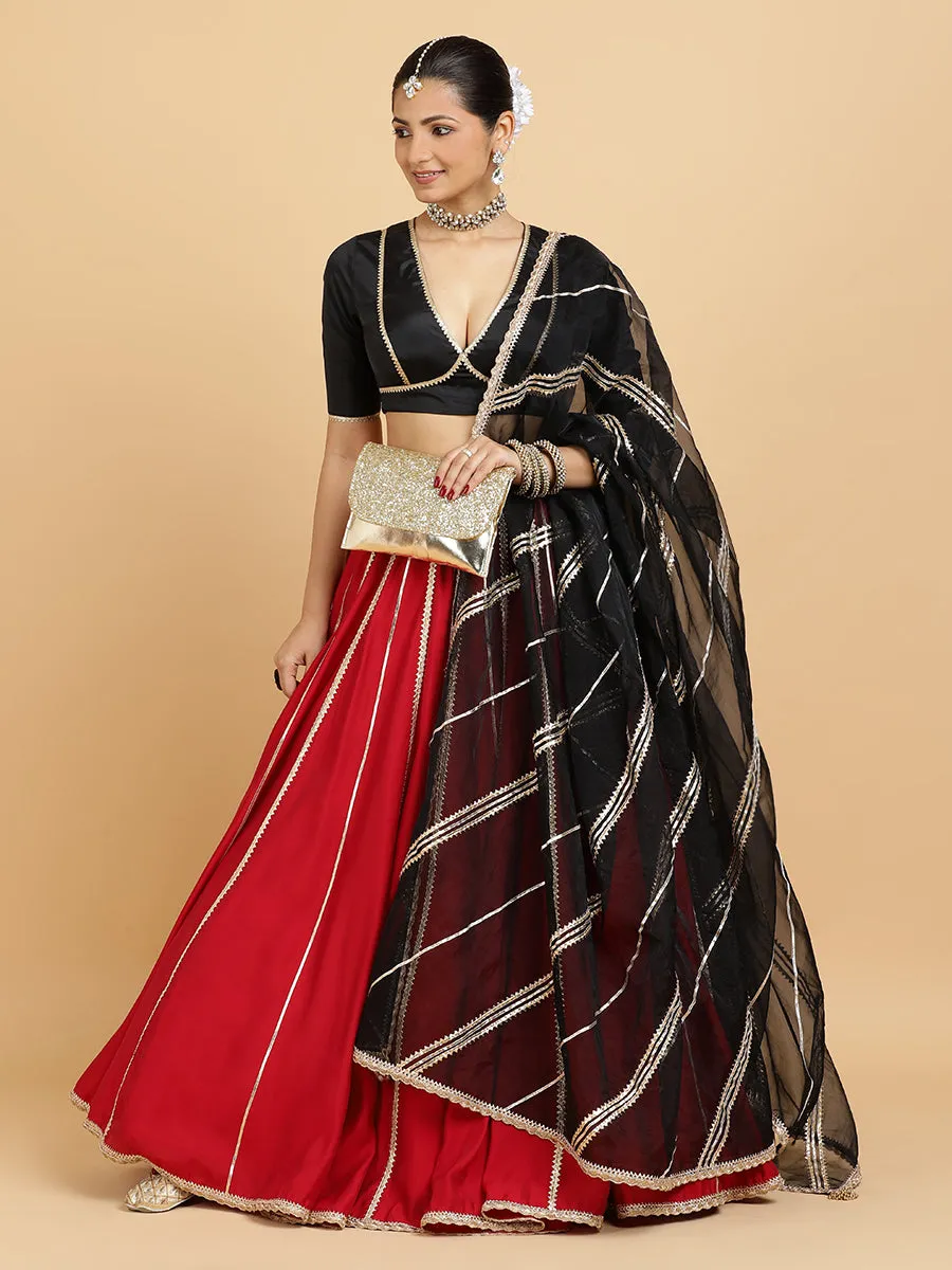 Madhuri Zeenat 3-Piece Lehenga Set | Red Lehenga, Charcoal Black Blouse | With Chandni Black Dupatta