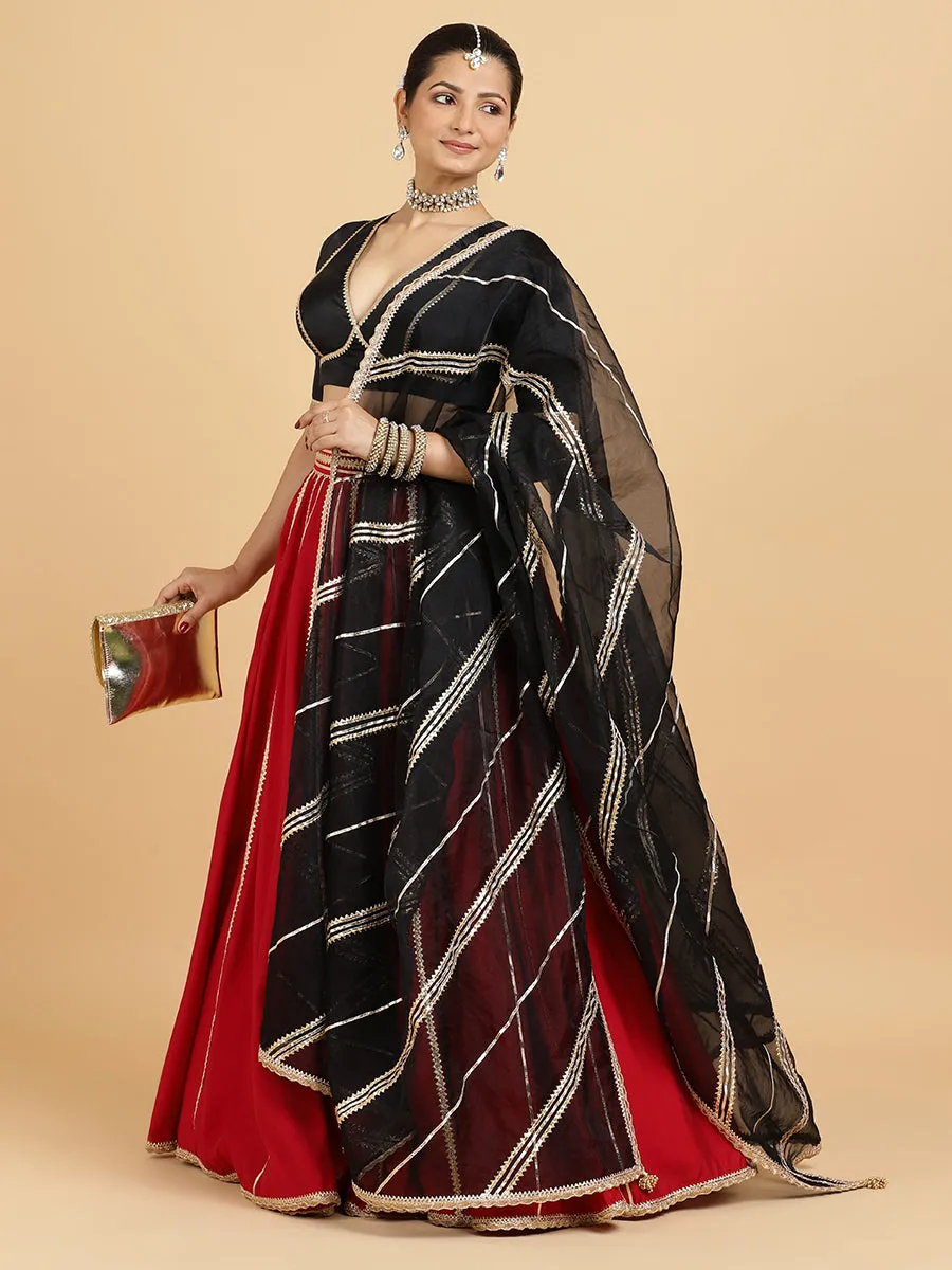 Madhuri Zeenat 3-Piece Lehenga Set | Red Lehenga, Charcoal Black Blouse | With Chandni Black Dupatta