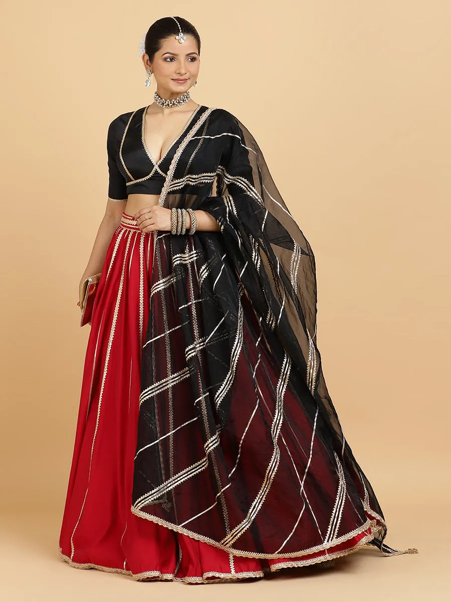 Madhuri Zeenat 3-Piece Lehenga Set | Red Lehenga, Charcoal Black Blouse | With Chandni Black Dupatta