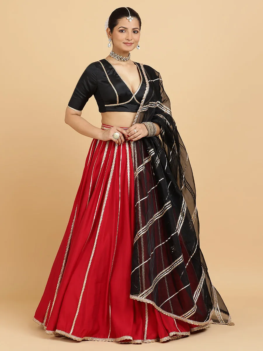 Madhuri Zeenat 3-Piece Lehenga Set | Red Lehenga, Charcoal Black Blouse | With Chandni Black Dupatta