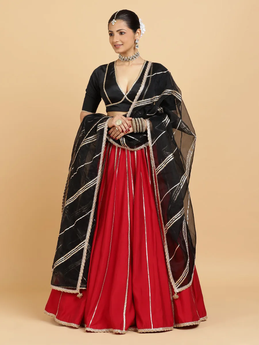 Madhuri Zeenat 3-Piece Lehenga Set | Red Lehenga, Charcoal Black Blouse | With Chandni Black Dupatta