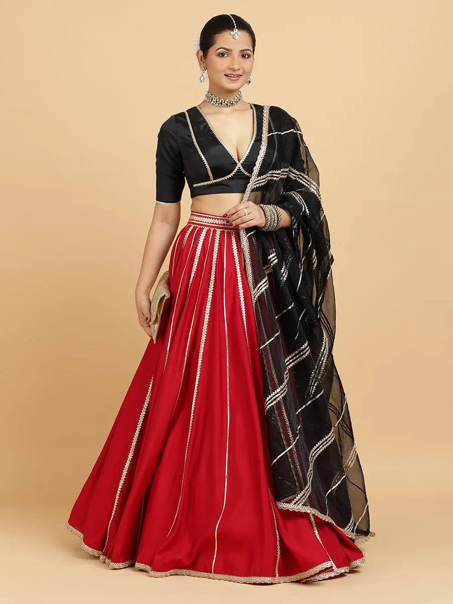 Madhuri Zeenat 3-Piece Lehenga Set | Red Lehenga, Charcoal Black Blouse | With Chandni Black Dupatta