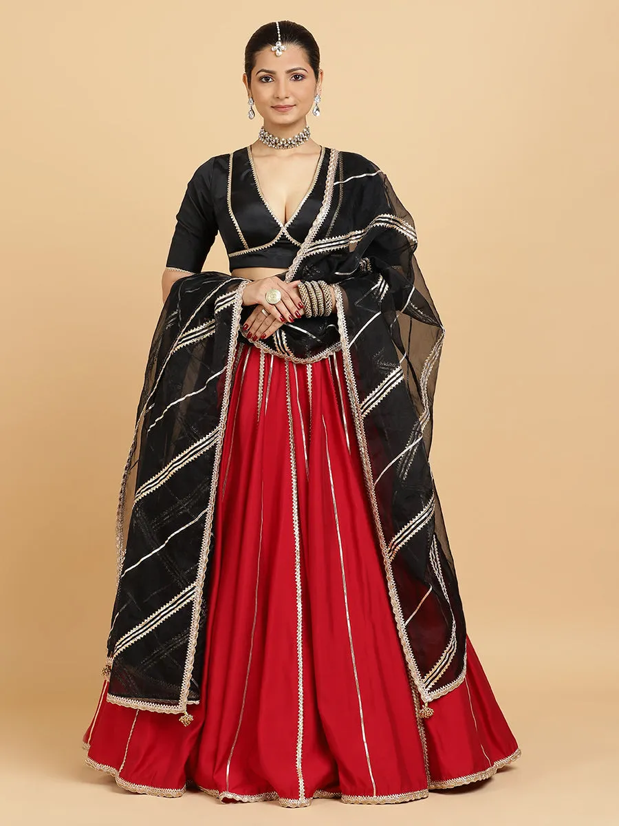 Madhuri Zeenat 3-Piece Lehenga Set | Red Lehenga, Charcoal Black Blouse | With Chandni Black Dupatta