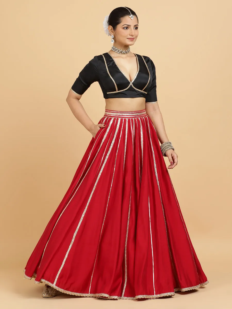 Madhuri Zeenat 3-Piece Lehenga Set | Red Lehenga, Charcoal Black Blouse | With Chandni Black Dupatta