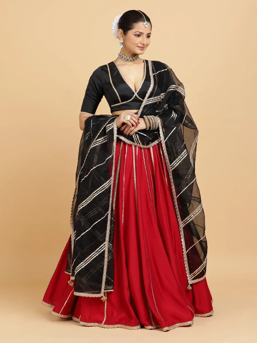 Madhuri Zeenat 3-Piece Lehenga Set | Red Lehenga, Charcoal Black Blouse | With Chandni Black Dupatta