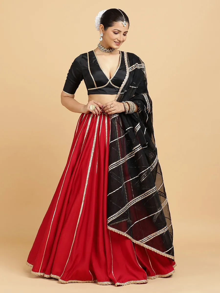 Madhuri Zeenat 3-Piece Lehenga Set | Red Lehenga, Charcoal Black Blouse | With Chandni Black Dupatta