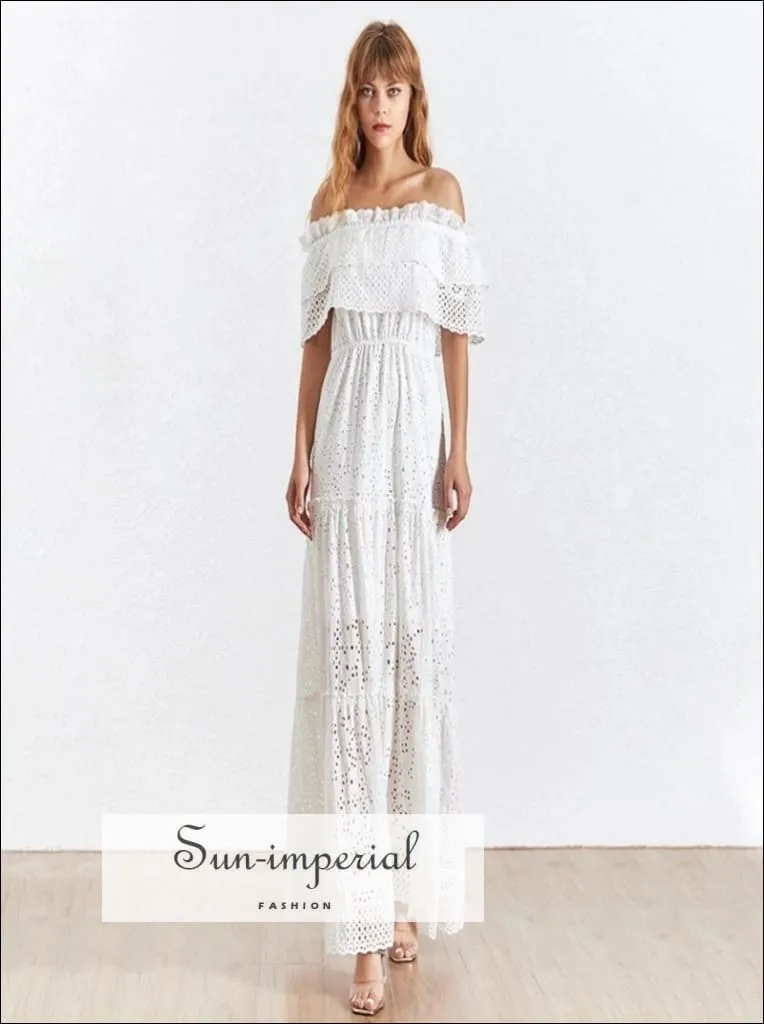 Margaret Dress- Vintage White Lace Vintage off the Shoulder Short Sleeve Ruffles Maxi Dress