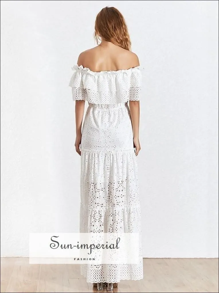 Margaret Dress- Vintage White Lace Vintage off the Shoulder Short Sleeve Ruffles Maxi Dress