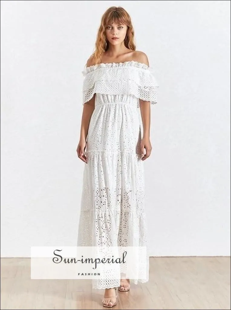 Margaret Dress- Vintage White Lace Vintage off the Shoulder Short Sleeve Ruffles Maxi Dress