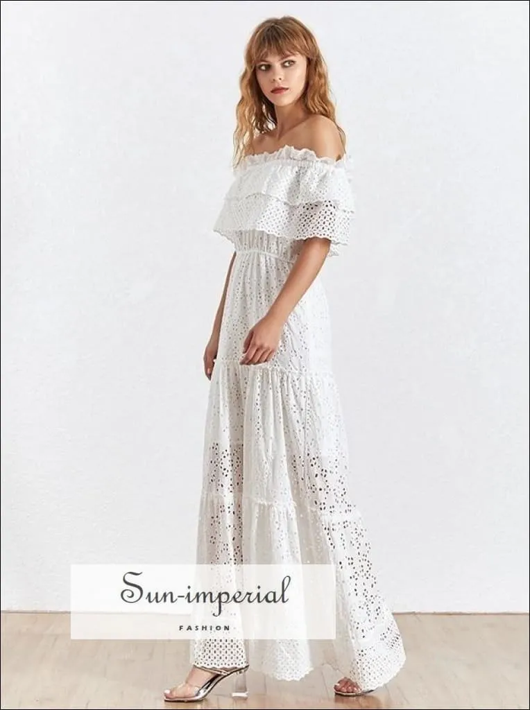 Margaret Dress- Vintage White Lace Vintage off the Shoulder Short Sleeve Ruffles Maxi Dress