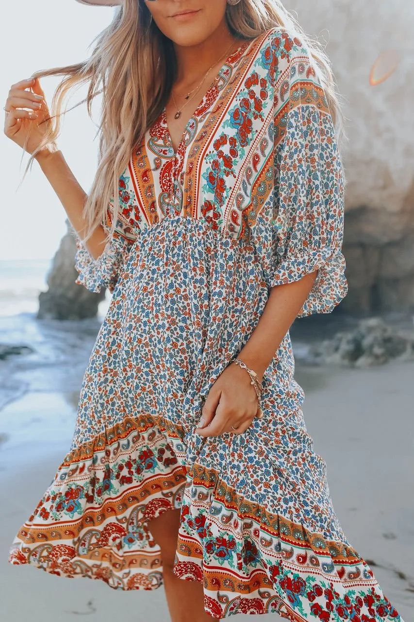 Mediterranean Mixed Floral Border Print Ruffle Hem Maxi Dress