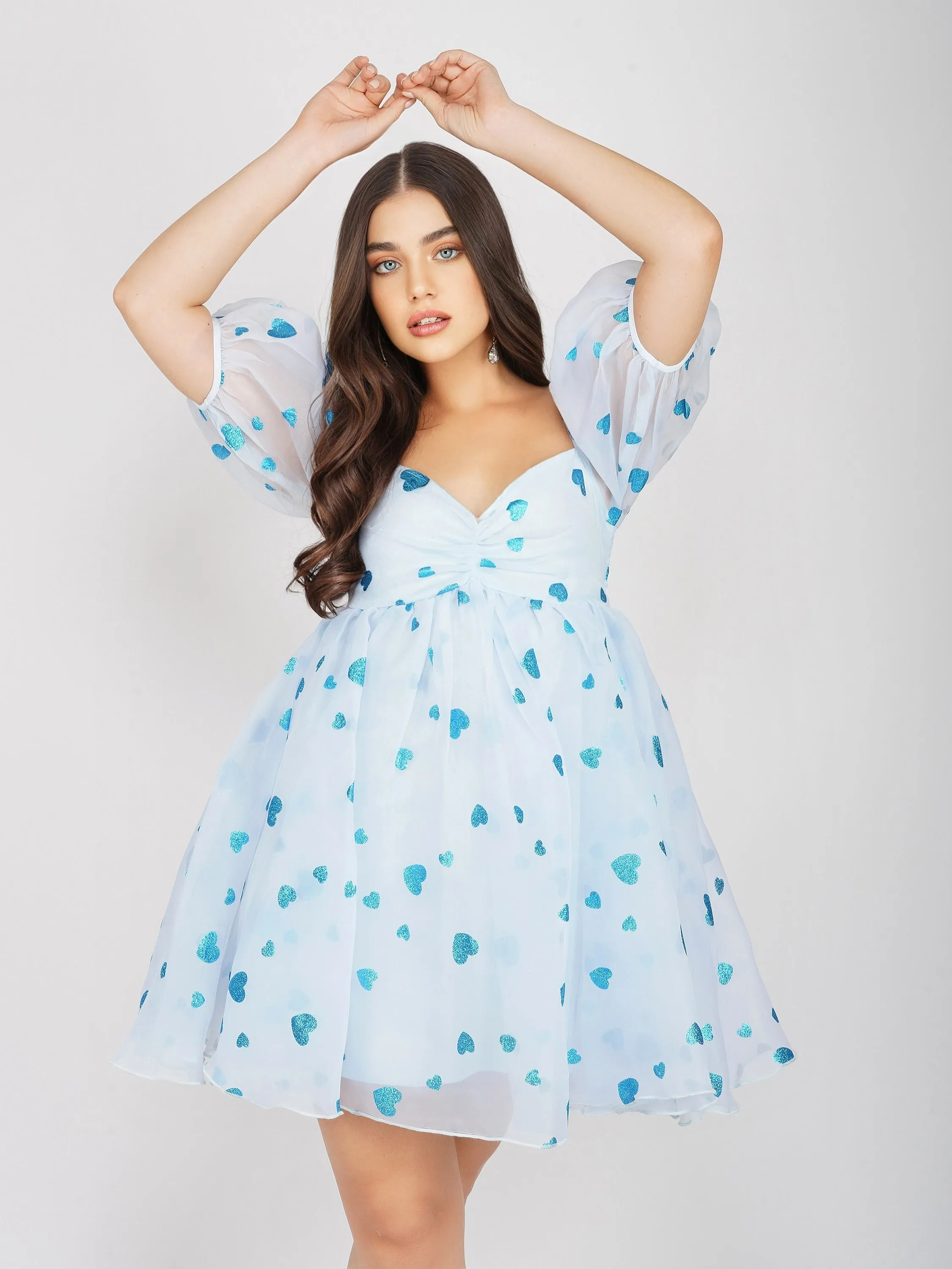 Melanie Puff Sleeve Dress in Blue Heart