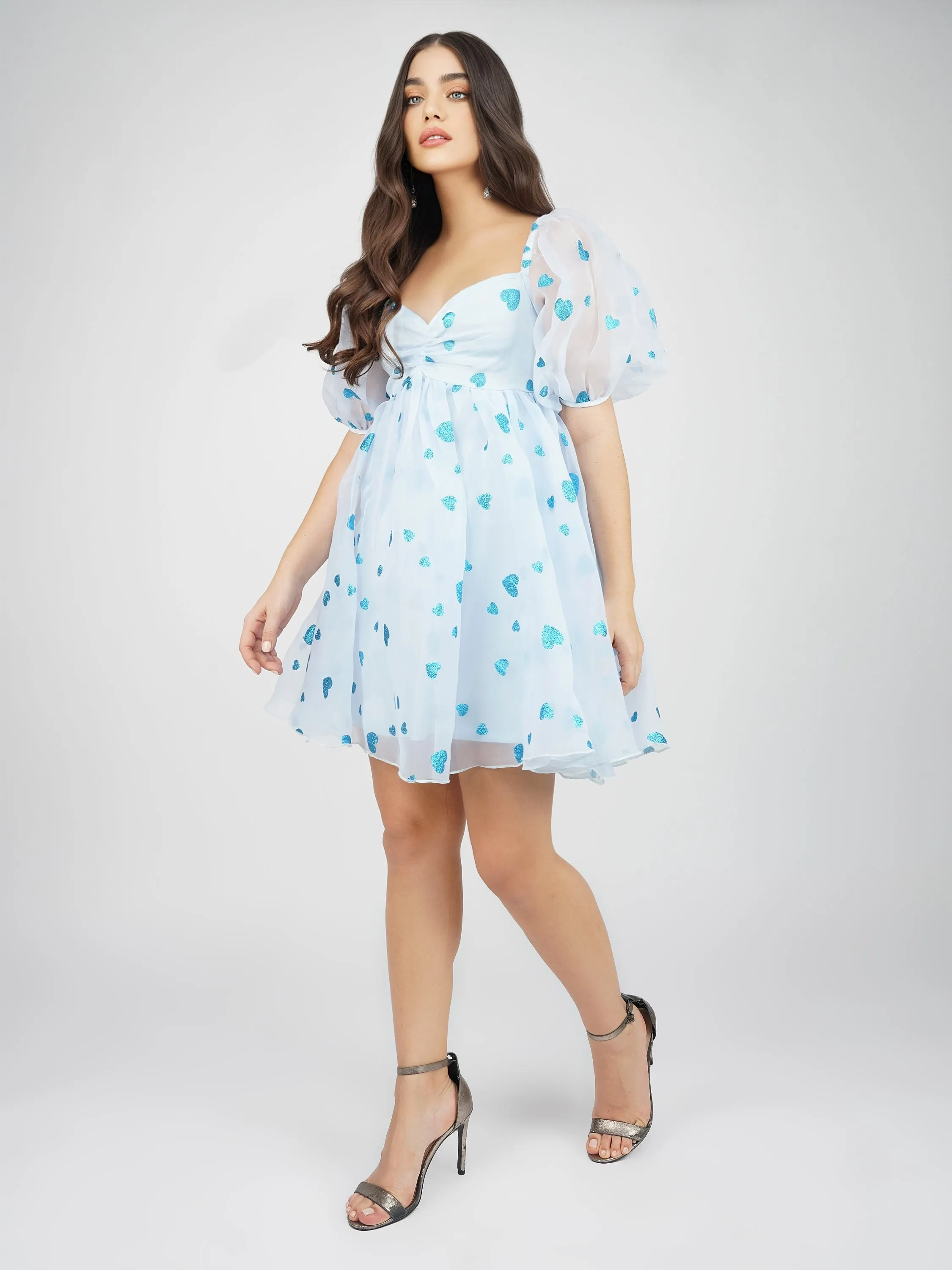 Melanie Puff Sleeve Dress in Blue Heart