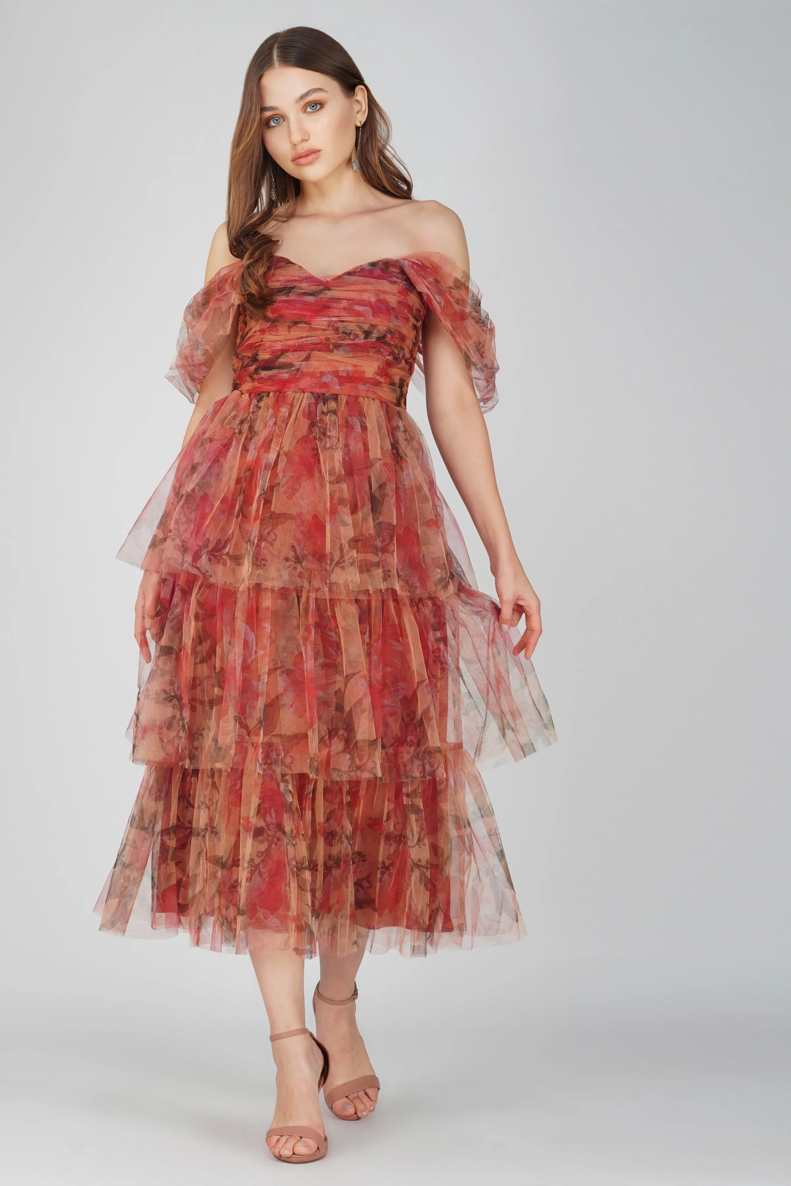 Melbourne Layered Tulle Midi Dress in Dark Floral