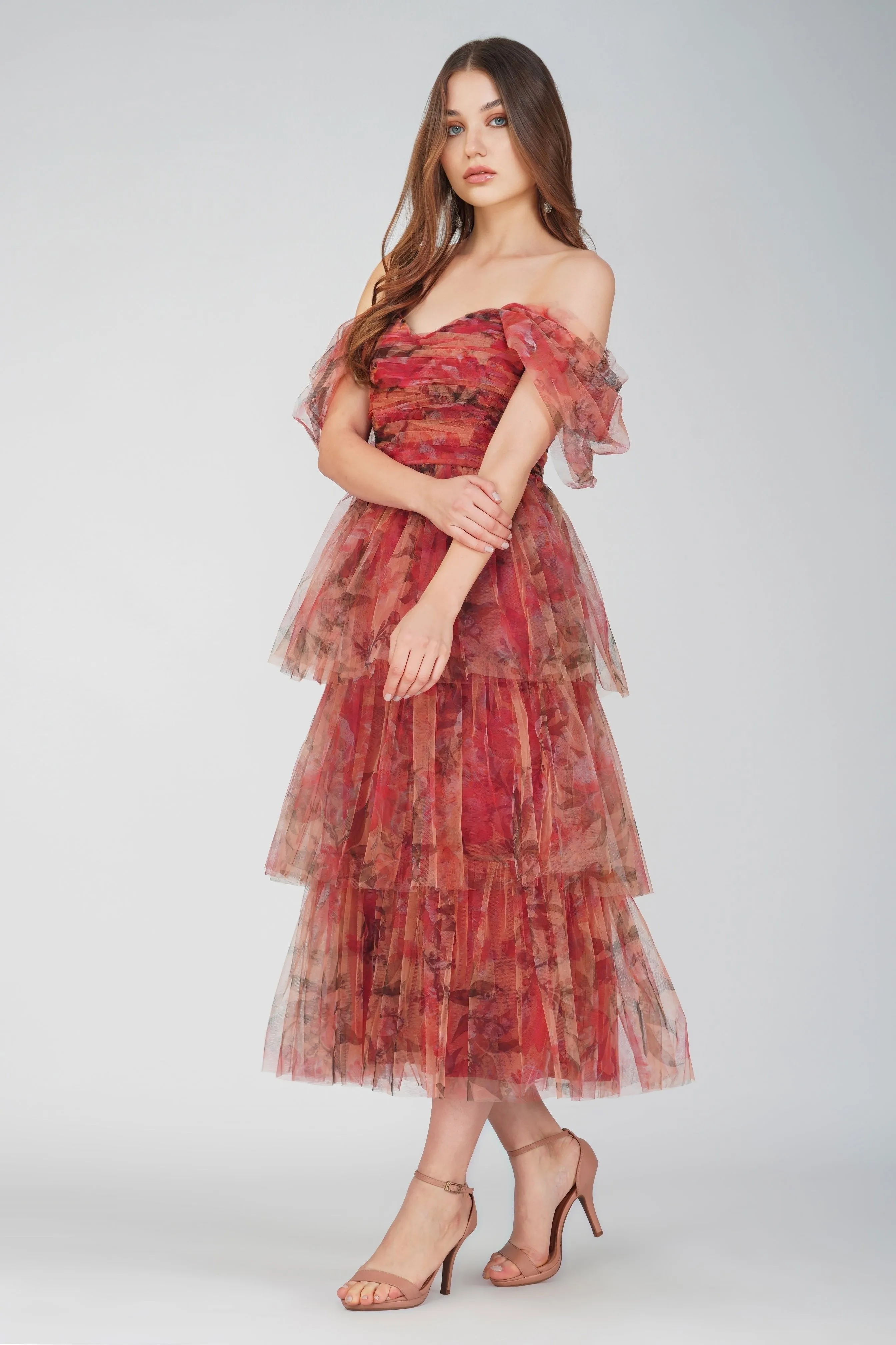 Melbourne Layered Tulle Midi Dress in Dark Floral