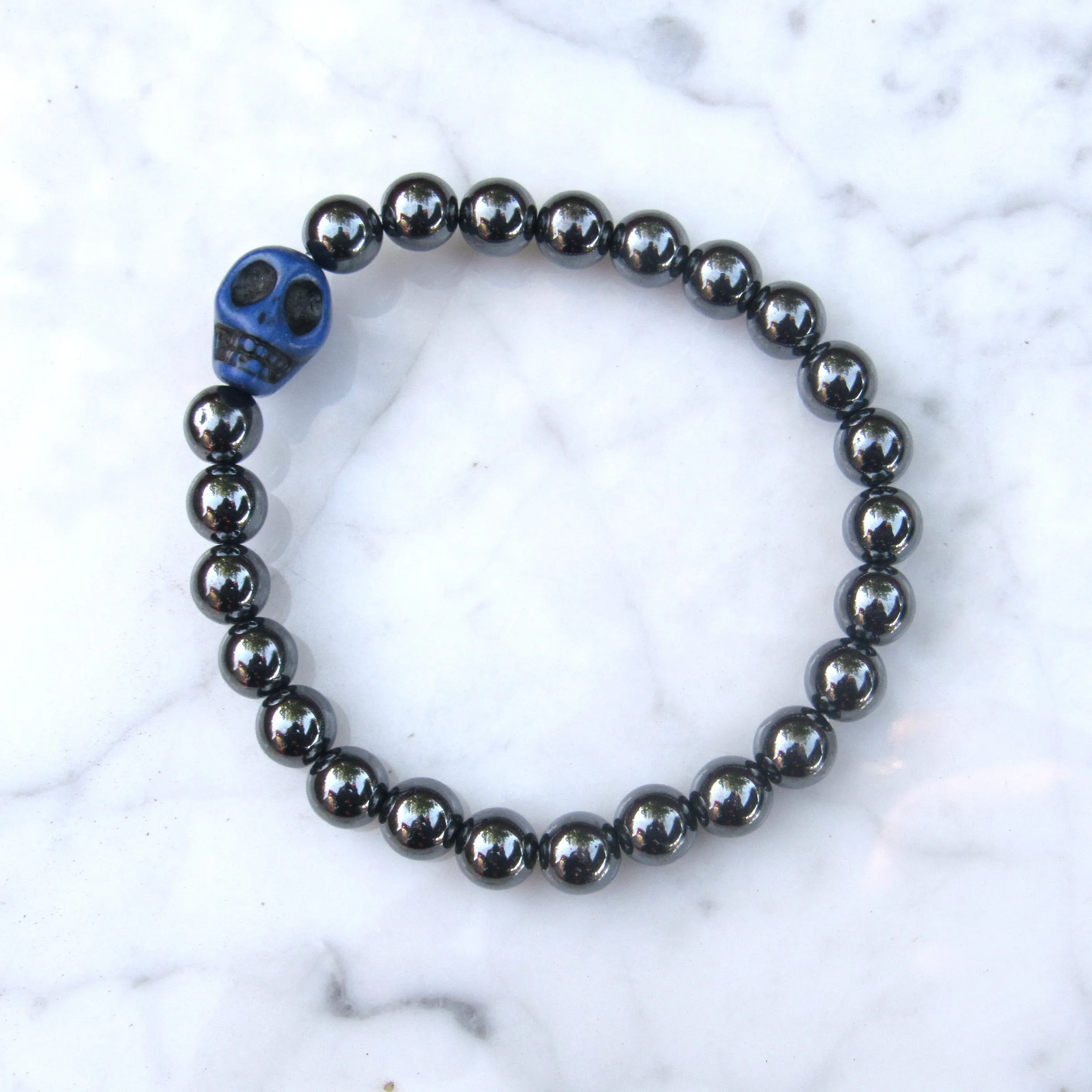 Men’s Hematite And Blue Howlite gemstone Skull Bracelet