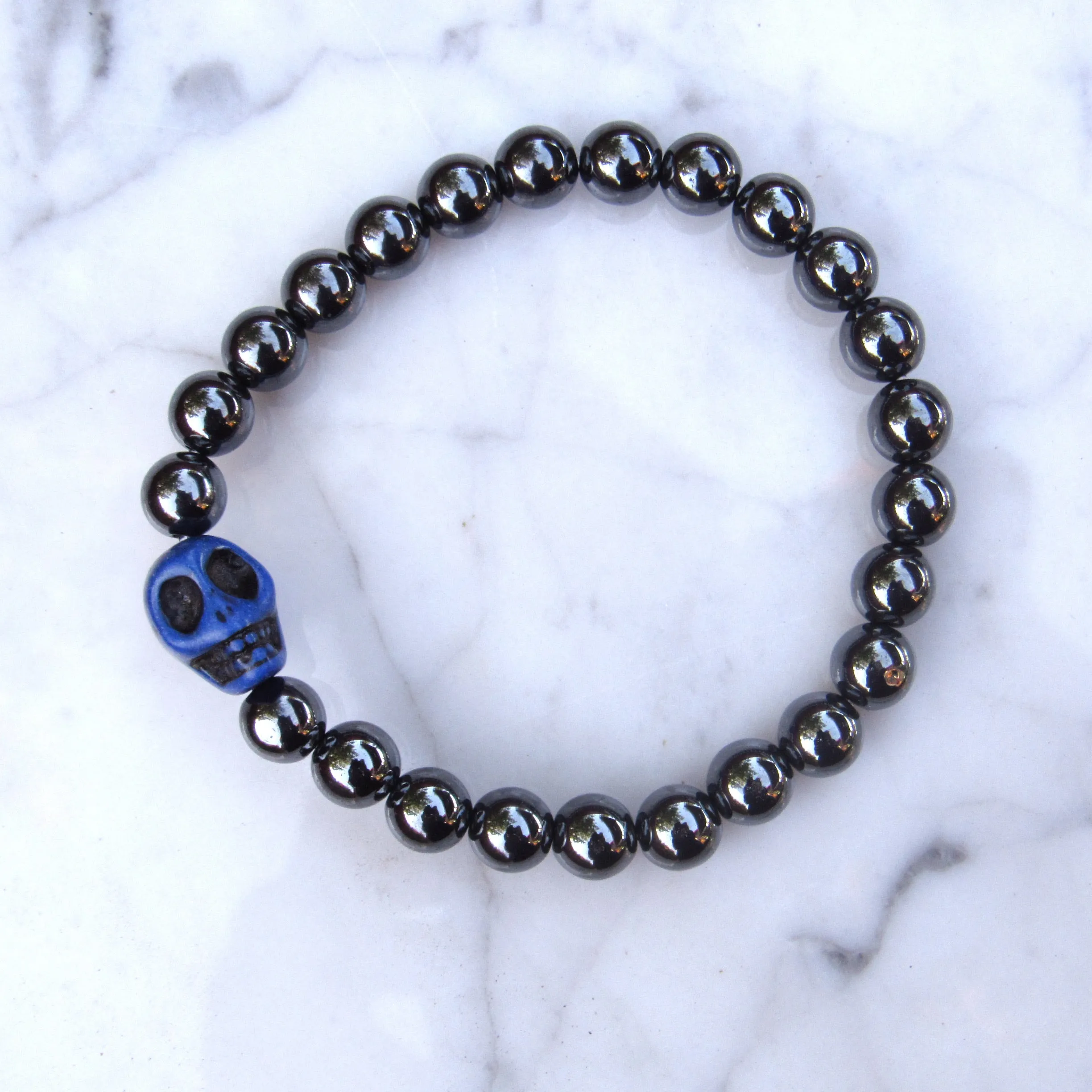 Men’s Hematite And Blue Howlite gemstone Skull Bracelet