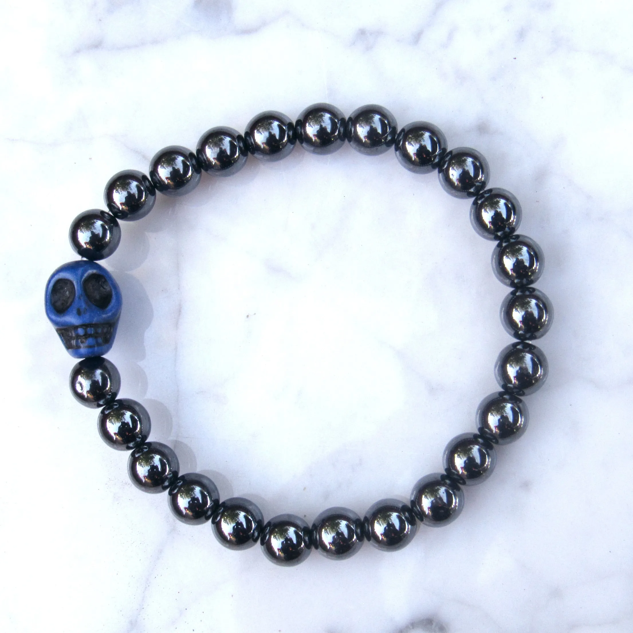 Men’s Hematite And Blue Howlite gemstone Skull Bracelet