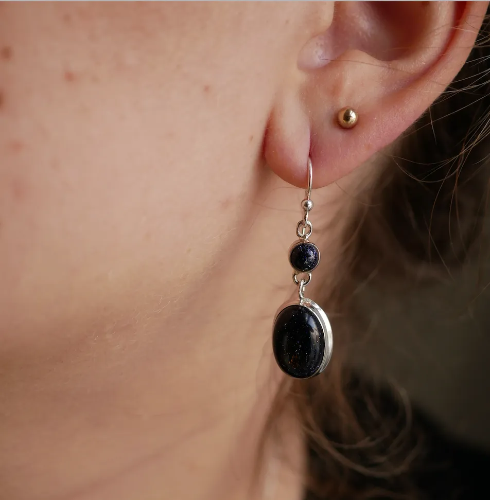 Midnight Goldstone Akoni Earrings - Double Drop