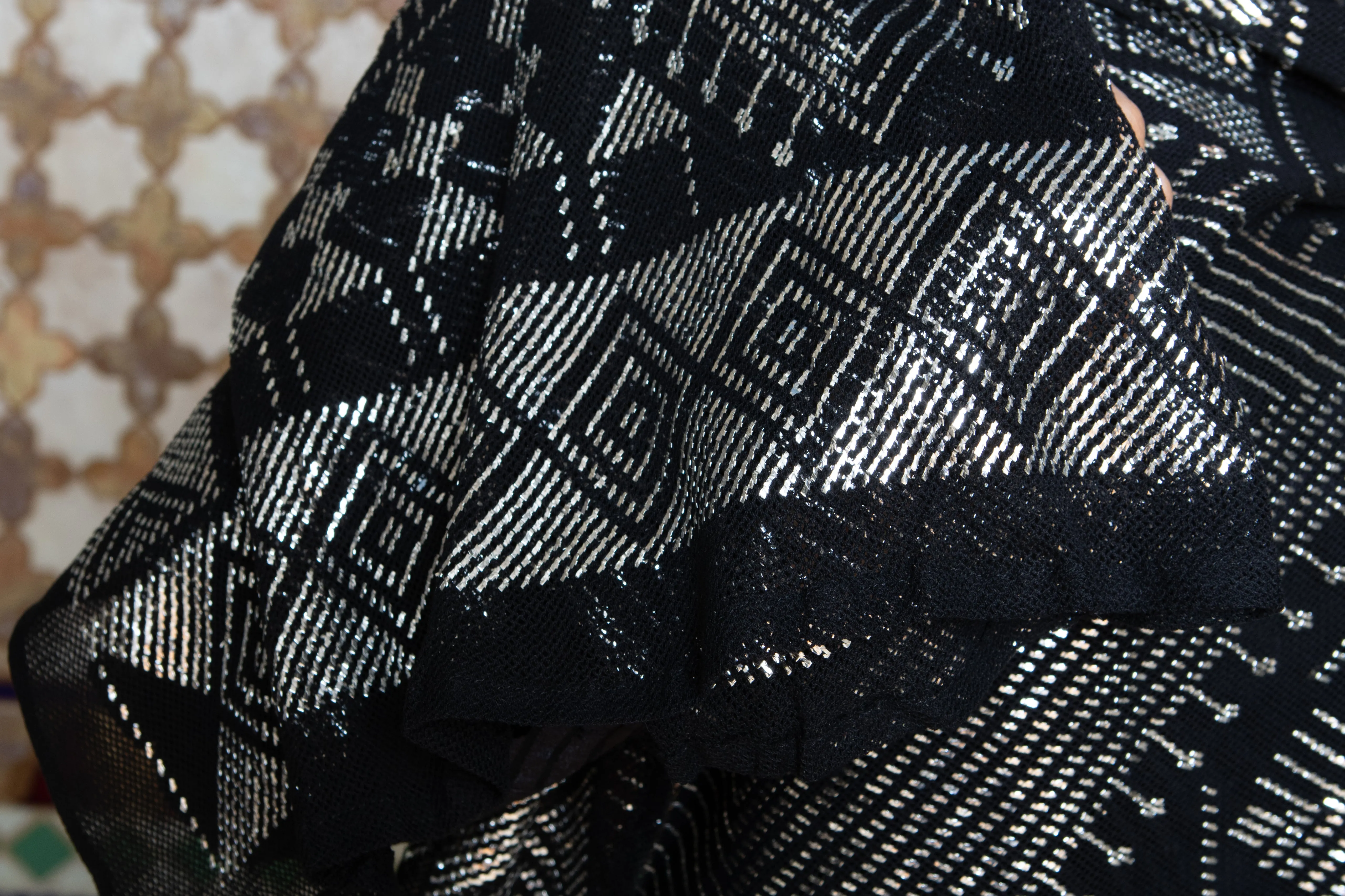 Modern Black and Silver Assuit Shawl With Mixed Motif Design